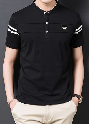 Men’s Black Polo Shirt with White Stripes – Short Sleeve Summer Tee with Stand Collar, Button-Up Closure – Polyester Knit for Sports, Outdoor, and Casual Wear