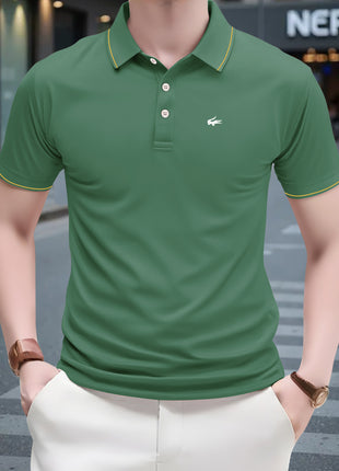 2025 Men’s Casual Polo Shirt – Regular Fit with Simple Crocodile & Geometric Patterns – Breathable Stretch Polyester Knit, Lapel Collar with Button Detail & Contrast Yellow Edging