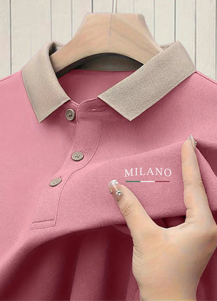Milano-Inspired Men’s Polo Shirt – Beige with Green Collar & Button Accents – Elegant Henley-Style Design, Breathable Fabric for Summer Business Casual