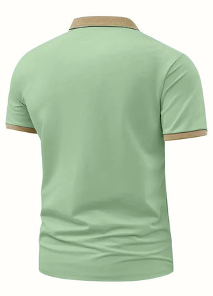 Milano-Inspired Men’s Polo Shirt – Beige with Green Collar & Button Accents – Elegant Henley-Style Design, Breathable Fabric for Summer Business Casual