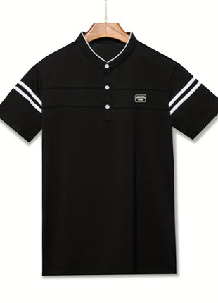 Men’s Black Polo Shirt with White Stripes – Short Sleeve Summer Tee with Stand Collar, Button-Up Closure – Polyester Knit for Sports, Outdoor, and Casual Wear