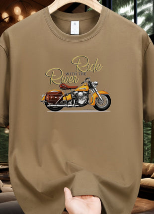 5E Men’s Casual T-Shirt – 100% Cotton Crew Neck Tee with Motorcycle Print – Heavyweight 230gsm Knit Fabric