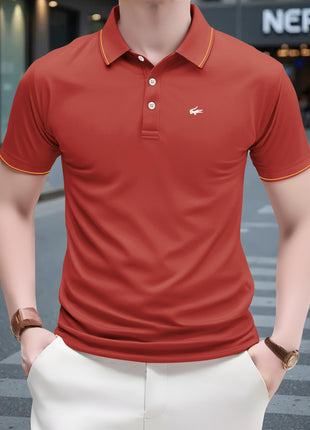 2025 Men’s Casual Polo Shirt – Regular Fit with Simple Crocodile & Geometric Patterns – Breathable Stretch Polyester Knit, Lapel Collar with Button Detail & Contrast Yellow Edging