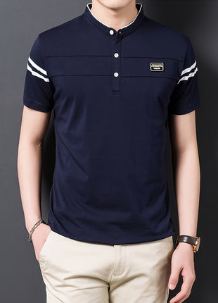 Men’s Black Polo Shirt with White Stripes – Short Sleeve Summer Tee with Stand Collar, Button-Up Closure – Polyester Knit for Sports, Outdoor, and Casual Wear
