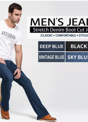 Men’s Bootcut Jeans – Slim Fit, Slightly Flared Stretch Denim – Classic Designer Style in Blue or Black