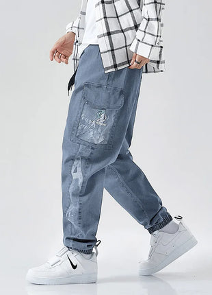 Plus Size Men’s Denim Jogger Pants – Loose Fit Harem-Style Streetwear – Ankle-Length Cargo Jeans