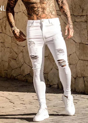 Men’s White Skinny Jeans – Stretch Fit with Ripped Detailing – Vintage-Washed Solid Denim for Casual Streetwear Style
