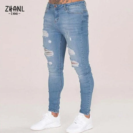 Men’s White Skinny Jeans – Stretch Fit with Ripped Detailing – Vintage-Washed Solid Denim for Casual Streetwear Style