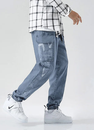 Plus Size Men’s Denim Jogger Pants – Loose Fit Harem-Style Streetwear – Ankle-Length Cargo Jeans