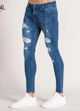 Men’s White Skinny Jeans – Stretch Fit with Ripped Detailing – Vintage-Washed Solid Denim for Casual Streetwear Style
