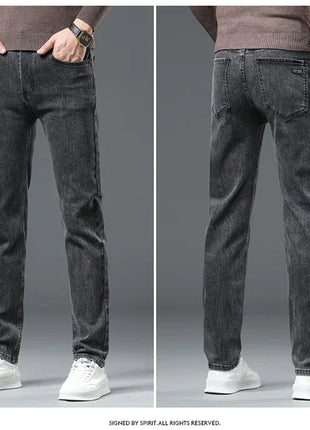 2025 Spring Men’s Straight-Leg Jeans – Elastic Mid-Waist Fit in Smoke Gray & Black – Classic Casual Denim Trousers