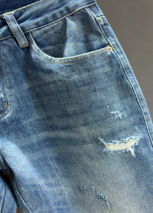Men’s Ripped Baggy Jeans – Vintage Blue Streetwear Denim with Frayed Holes – Casual Tapered Fit Pants
