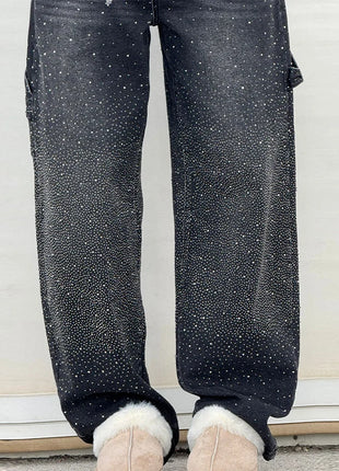 Women’s High Waist Rhinestone Denim Jeans – Luxury Straight Leg Pants with All-Over Sparkle – Trendy Streetwear Trousers