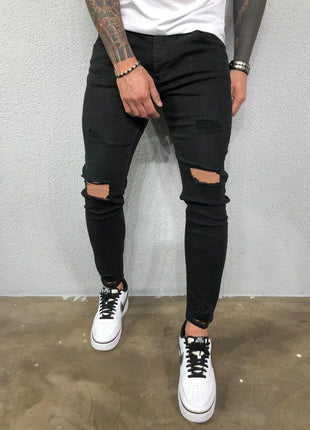 Men’s Ripped Skinny Streetwear Jeans – Hip-Hop Style Stretch Denim – Solid Color Casual Pants with Distressed Details