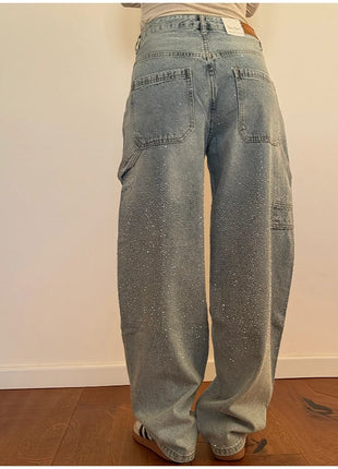 Women’s High Waist Rhinestone Denim Jeans – Luxury Straight Leg Pants with All-Over Sparkle – Trendy Streetwear Trousers