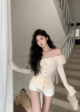 2025 Off-Shoulder Crop Top for Women – Long Sleeve Ruffle Design with Single-Breasted Front & Side Slit – Y2K Style T-Shirt