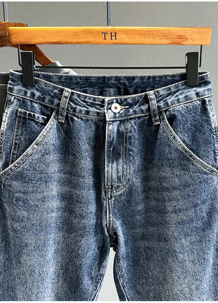 Men’s Tapered Fit Vintage Blue Jeans – Fashion Streetwear Denim Pants – Casual, High-Quality Hip Hop Style
