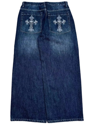 Men’s Vintage Wash Y2K Jeans – Wide-Leg Streetwear Pants with Pocket Cross Embroidery – European & American Punk Style