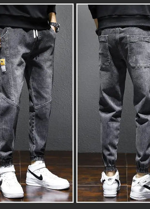 Men’s Winter Fleece-Lined Jeans – Thick Warm Denim Joggers with Cargo Pockets – Streetwear Harem Pants in Black
