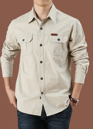 2023 Men’s Spring Cotton Shirt – Long Sleeve Casual Overshirt with Military-Inspired Design – High-Quality Brand Style (Black, Up to 5XL)