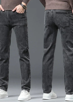 2025 Spring Men’s Straight-Leg Jeans – Elastic Mid-Waist Fit in Smoke Gray & Black – Classic Casual Denim Trousers