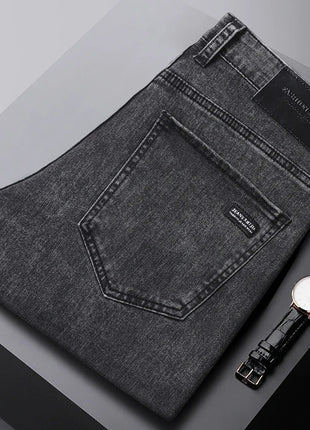 2025 Spring Men’s Straight-Leg Jeans – Elastic Mid-Waist Fit in Smoke Gray & Black – Classic Casual Denim Trousers