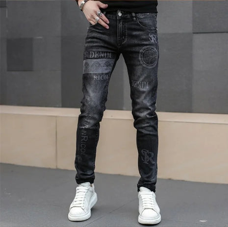 Men’s Black Slim Fit Jeans – High Street Style with Printed Detail – Stretch Denim for Casual or Biker Looks – Autumn Wear