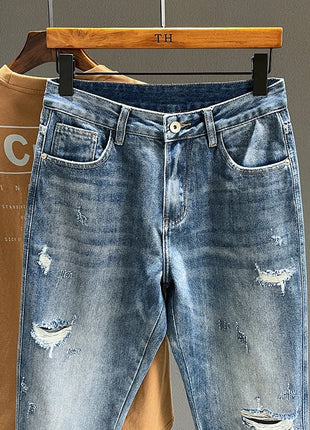 Men’s Ripped Baggy Jeans – Vintage Blue Streetwear Denim with Frayed Holes – Casual Tapered Fit Pants