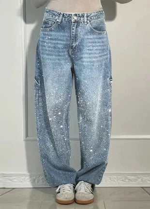 Women’s High Waist Rhinestone Denim Jeans – Luxury Straight Leg Pants with All-Over Sparkle – Trendy Streetwear Trousers
