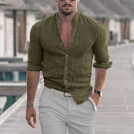 Men’s Cotton-Linen Long Sleeve Shirt – Solid Color Oversized Fit with Mock Neck – Comfortable & Stylish Fashion Top
