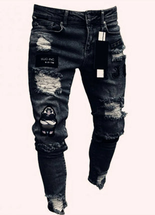 Men’s White Embroidered Skinny Jeans – Stretch Cotton Slim Fit with Ripped Details – Hip-Hop Style Casual Denim Pants