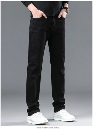 2025 Spring Men’s Straight-Leg Jeans – Elastic Mid-Waist Fit in Smoke Gray & Black – Classic Casual Denim Trousers
