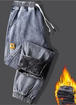 Men’s Winter Fleece-Lined Jeans – Thick Warm Denim Joggers with Cargo Pockets – Streetwear Harem Pants in Black