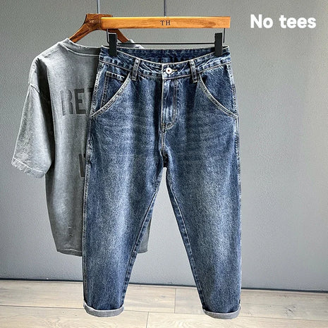 Men’s Tapered Fit Vintage Blue Jeans – Fashion Streetwear Denim Pants – Casual, High-Quality Hip Hop Style