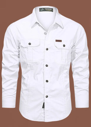 2023 Men’s Spring Cotton Shirt – Long Sleeve Casual Overshirt with Military-Inspired Design – High-Quality Brand Style (Black, Up to 5XL)