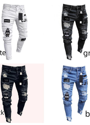Men’s White Embroidered Skinny Jeans – Stretch Cotton Slim Fit with Ripped Details – Hip-Hop Style Casual Denim Pants