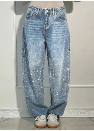Women’s High Waist Rhinestone Denim Jeans – Luxury Straight Leg Pants with All-Over Sparkle – Trendy Streetwear Trousers