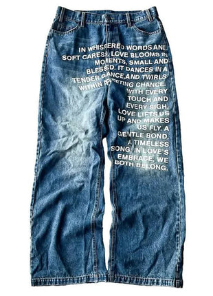 Y2K Vintage American-Style Letter Print Jeans – Unisex Wide-Leg Streetwear Denim – Gothic, Harajuku, and Hip-Hop Inspired