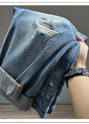 Men’s Ripped Baggy Jeans – Vintage Blue Streetwear Denim with Frayed Holes – Casual Tapered Fit Pants