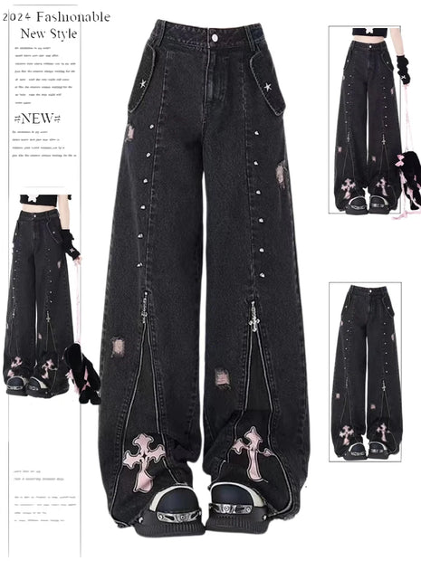 Women’s Black Gothic Jeans – Oversized Vintage Denim Trousers with 90s Y2K Aesthetic – Harajuku, Emo, and Korean Street Style