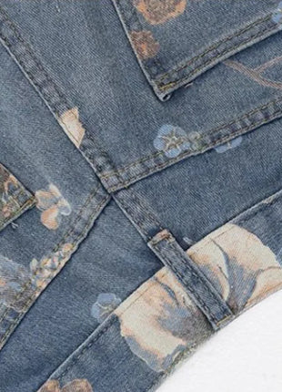 Women’s Vintage Floral Print Jeans – Loose Wide-Leg Y2K Denim Trousers – Korean Hip-Hop High Street Style for Autumn