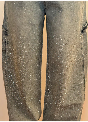 Women’s High Waist Rhinestone Denim Jeans – Luxury Straight Leg Pants with All-Over Sparkle – Trendy Streetwear Trousers