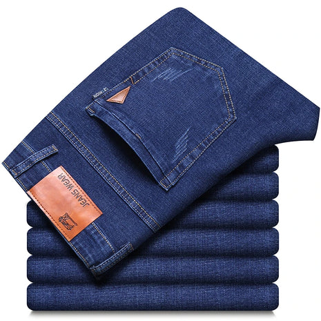 2024 Men’s Business Casual Jeans – Classic Straight-Leg Stretch Denim – Blue & Black Work Trousers