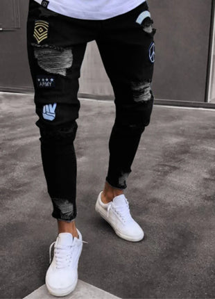 Men’s White Embroidered Skinny Jeans – Stretch Cotton Slim Fit with Ripped Details – Hip-Hop Style Casual Denim Pants