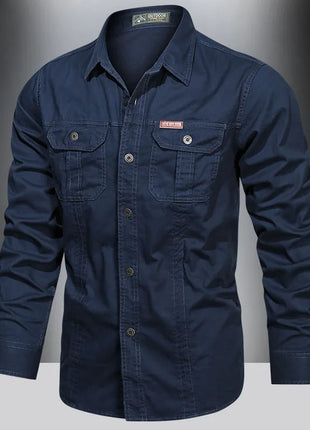 2023 Men’s Spring Cotton Shirt – Long Sleeve Casual Overshirt with Military-Inspired Design – High-Quality Brand Style (Black, Up to 5XL)