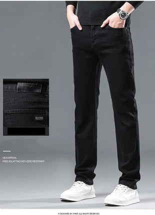 2025 Spring Men’s Straight-Leg Jeans – Elastic Mid-Waist Fit in Smoke Gray & Black – Classic Casual Denim Trousers