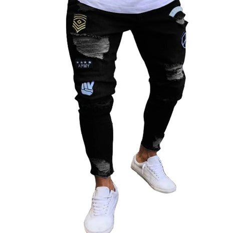 Men’s White Embroidered Skinny Jeans – Stretch Cotton Slim Fit with Ripped Details – Hip-Hop Style Casual Denim Pants