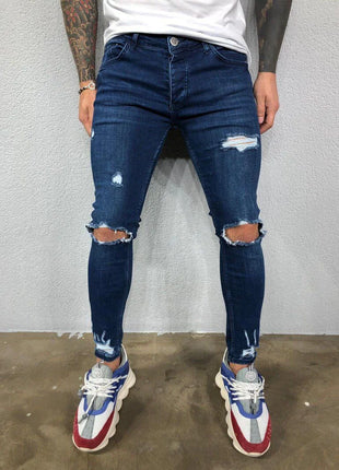 Men’s Ripped Skinny Streetwear Jeans – Hip-Hop Style Stretch Denim – Solid Color Casual Pants with Distressed Details