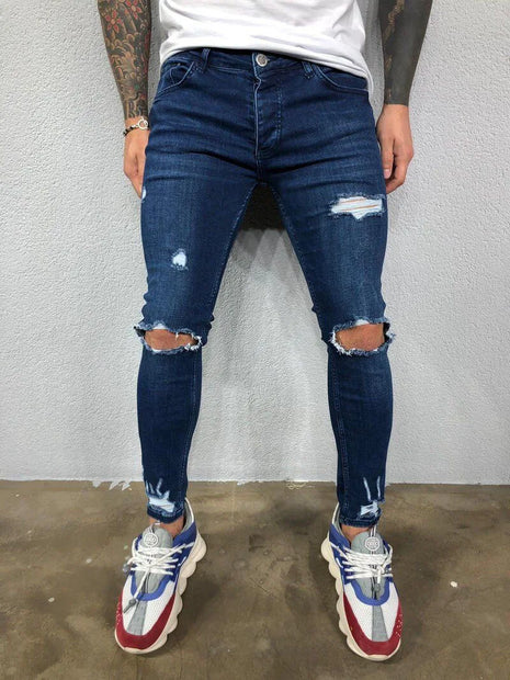 Men’s Ripped Skinny Streetwear Jeans – Hip-Hop Style Stretch Denim – Solid Color Casual Pants with Distressed Details
