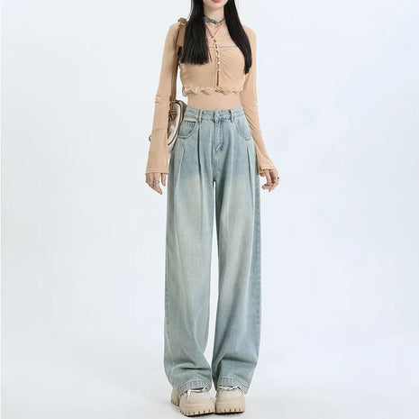 2024 Women’s Pleated Wide-Leg Jeans – High-Waist, Loose Fit Denim with Slimming Effect – Retro Straight-Leg Style for Spring & Autumn